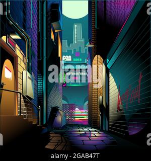Alley at night cyber punk theme vector illustration background Stock Vector