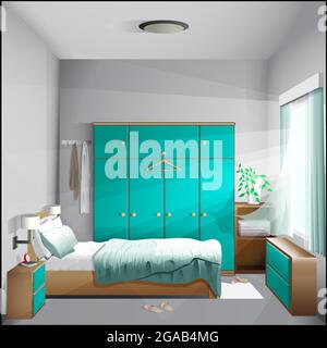 Bedroom in the morning background illustration editable vector format. Stock Vector