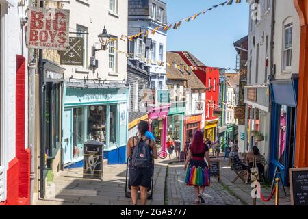 Folkestone, The Old High Street, a steep narrow cobbled street, now a pedestrian only thoroughfare, in the Creative Quarter, Kent, UK Stock Photo