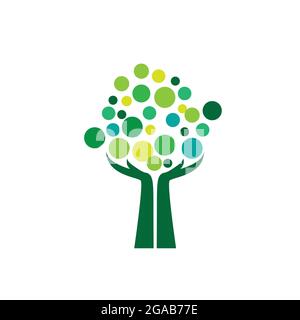 tree with circle leaves and hands to care for the tree symbol Stock Vector
