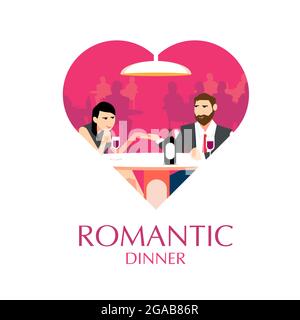 Romantic Dinner flat illustration in heart shape Stock Vector