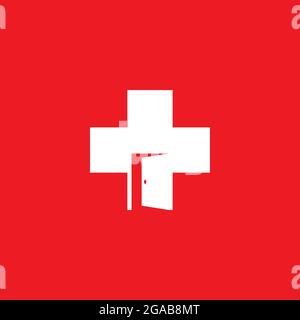 medical cross symbok with the door open concept as Intensive Care Unit idea. Stock Vector