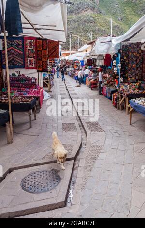 PISAC, PERU - MAY 22, 2015: Famous indigenous market in Pisac, Sacred Valley of Incas, Peru. Stock Photo