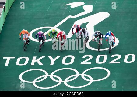 Tokyo, Japan. 30th July, 2021. The start in the Final of the Men's BMX Racing during the Tokyo 2020 Olympic Games at the Ariake Urban Sports Park in Tokyo, Japan. Daniel Lea/CSM}. Credit: csm/Alamy Live News Stock Photo