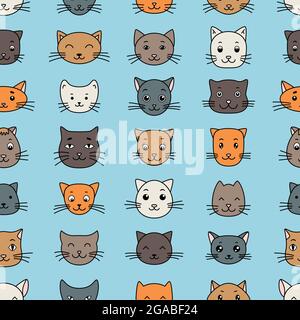 Cute cartoon cat faces seamless pattern. Design sketch element for textile, prints for clothes. Vector illustration. Stock Vector
