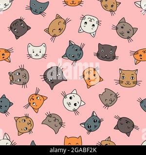Cute cartoon cat faces seamless pattern. Design sketch element for textile, prints for clothes. Vector illustration. Stock Vector