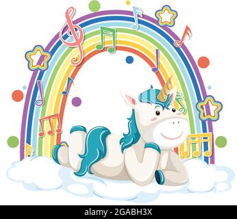 Unicorn laying on the cloud with melody symbols on rainbow wave ...