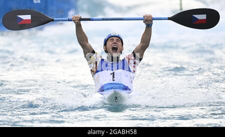 Tokyo, Japan. 30th July, 2021. Czech slalom canoeist Jiri Prskavec won men's kayak final during the Tokyo 2020 Summer Olympics, on July 30, 2021, in Tokyo, Japan. Credit: Ondrej Deml/CTK Photo/Alamy Live News Stock Photo