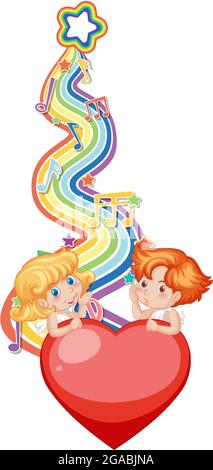 Cupid couple with melody symbols on rainbow wave illustration Stock ...
