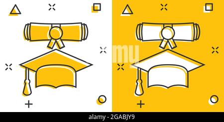 Cartoon graduation cap and diploma scroll icon in comic style. Education illustration pictogram. Celebration sign splash business concept. Stock Vector