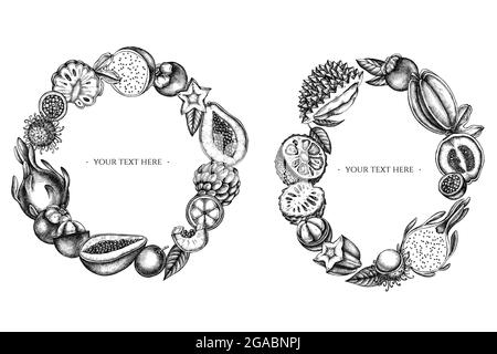 Wreath of black and white papaya, guava, passion fruit, starfruit, durian, rambutan, pitaya, jackfruit, sugar-apple, soursop, mangosteen Stock Vector