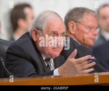 Washington, United States Of America. 16th Sep, 2014. United States Senator Carl Levin (Democrat of Michigan), Chairman, U.S. Senate Committee on Armed Services, makes remarks as U.S. Secretary of Defense Chuck Hagel and Chairman, Joint Chiefs of Staff General Martin E. Dempsey, U.S. Army, deliver testimony before the committee on the U.S. policy towards Iraq and Syria and the threat posed by the Islamic State of Iraq and the Levant (ISIL) in Washington, DC on Tuesday, September 16, 2014.Credit: Ron Sachs/CNP/Sipa USA Credit: Sipa USA/Alamy Live News Stock Photo