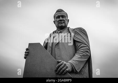 Vladimir Chelomey monument at Cosmonauts Alley in Moscow, Russia. Soviet mechanics scientist, aviation and missile engineer. Black and white. Stock Photo
