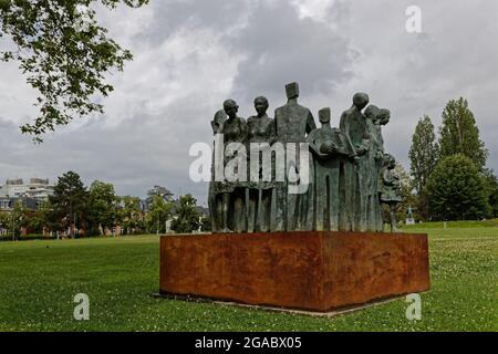 STRASBOURG, FRANCE, June 24, 2021 : On the Council of Europe square, artwork by Spanish sculptor Mariano Gonzalez Beltran shows a bronze circle of wom Stock Photo