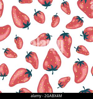 Strawberries pattern, colorful seamless vector pattern with hand drawn summer berries, pink and red fruit, good as fabric print, colored cartoon Stock Vector