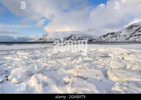 Bay with upcoming ice on the shore, Norway. Stock Photo