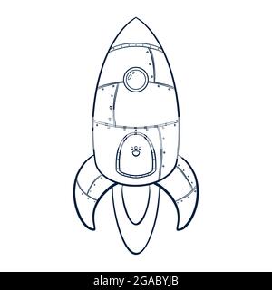 Line Art Rocket Illustration. Hand drawn cartoon space ship icon. Rocket launch sketch suitable for business product, Web Landing Page, Banner, Flyer, Sticker, Card Stock Vector