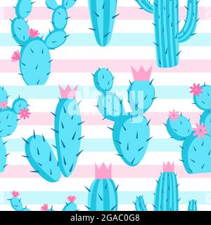 Pattern of azure cactuses on a striped background, vector illustration. Stock Vector