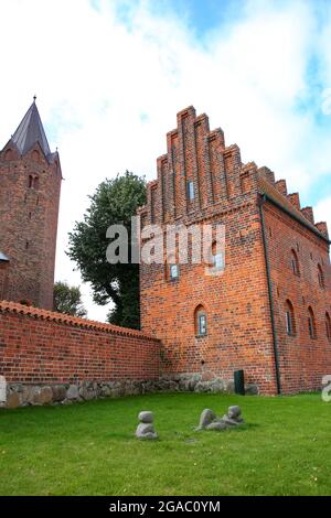 Part of Church of Our Lady in Kalundborg, Denmark. It has five  towers, and is a landmark of the town. Red brick historic building. Stock Photo