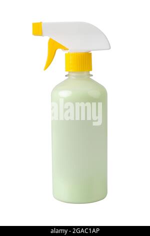 Blank spray bottle with green liquid inside isolated on white background Stock Photo