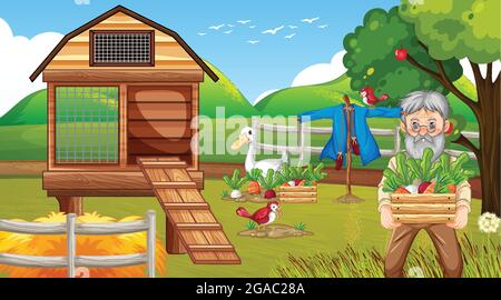 Farm scene with old farmer man and farm animals illustration Stock ...