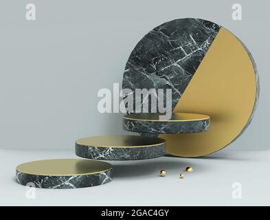 Geometric podium background, made of shapes of green marble and gold metal , for displaying your products or any more. Minimal design illustration 3D Stock Photo