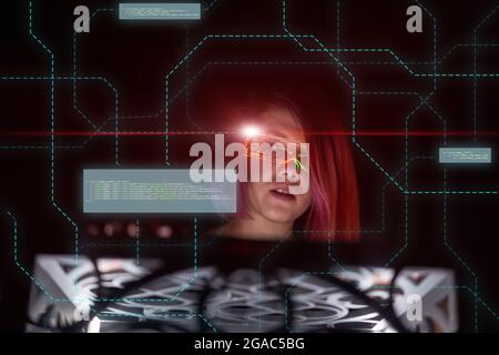 Cyber woman coding of technology to access to network. Concept of extended and augmented reality, futuristic technology. Stock Photo