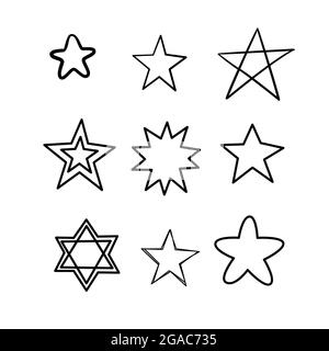 Doodle stars set. Many cute hand drawn stars on white background. Vector illustration for print, textile, paper. Stock Vector