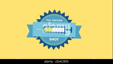 Composition of flu vaccine shot text and syringe icon on yellow background Stock Photo