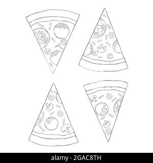 Pizza slices set. Hand drawn sketch style different pizza. Best for menu designs, packages. Vector illustrations isolated on white. Stock Vector