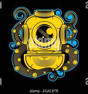 Vintage diving suit with octopus. Retro scuba helmet and tentacles. Tattoo style. Stock Vector