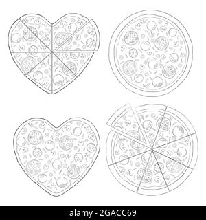 Pizza slices set. Hand drawn sketch style different pizza. Best for menu designs, packages. Vector illustrations isolated on white. Stock Vector
