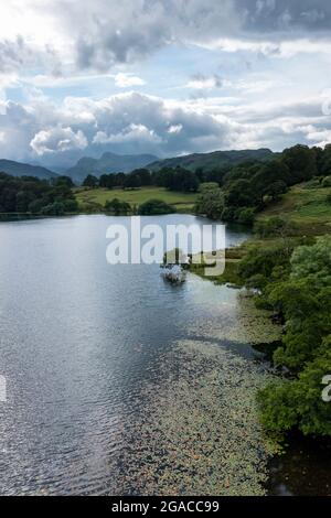 vertical panorama of loughrigg tarn with the langdale pikes in the background Stock Photo