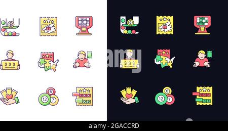 Lottery games types light and dark theme RGB color icons set Stock Vector