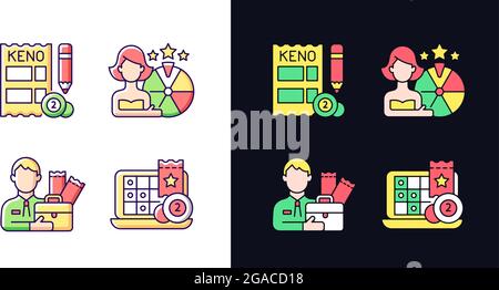 Lottery-like gambling games light and dark theme RGB color icons set Stock Vector