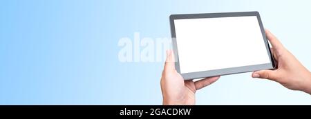 Hand holding digital tablet, placeholder for app, blank screen mockup Stock Photo