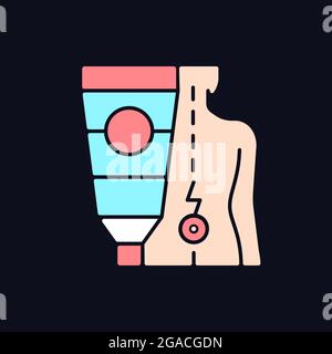 Ointment for back pain RGB color icon for dark theme. Burning, shooting pain relieving. Soothing sensation. Isolated vector illustration on night mode Stock Vector