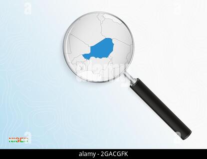 Magnifier with map of Niger on abstract topographic background. Vector map. Stock Vector