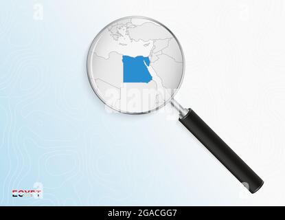 Magnifier with map of Egypt on abstract topographic background. Vector map. Stock Vector