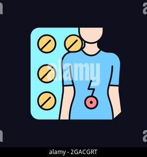 Tablets for stomach ache RGB color icon for dark theme. Relaxing muscles in abdomen. Digestive wellbeing. Isolated vector illustration on night mode b Stock Vector