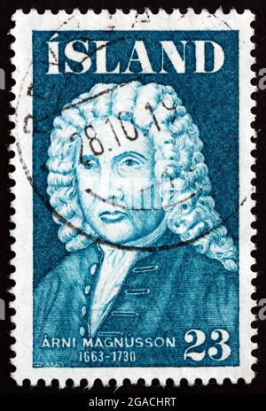 ICELAND - CIRCA 1975 a stamp printed in the Iceland shows Arni Magnusson, Historian, Registrar and Manuscript Collector, circa 1975