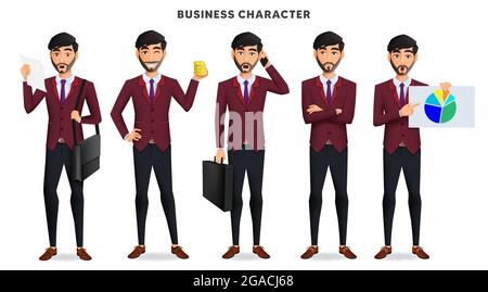 Business man characters vector set. Businessman male employee character in standing, calling and holding office elements for staff worker cartoon. Stock Vector