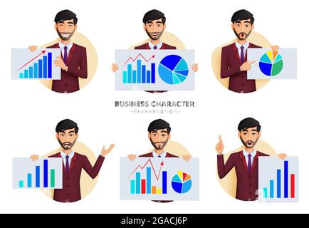 Businessman presentation vector set. Business man characters holding and showing whiteboard chart element for reporting and presenting male employee. Stock Vector