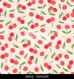 Seamless pattern of red cherries with green leaves in flat style Stock Vector