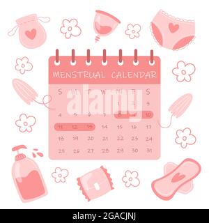 Menstrual cycle calendar and feminine hygiene items in flat style Stock Vector