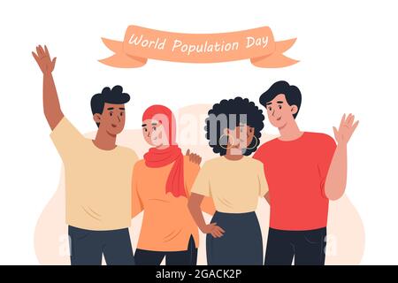 World Population Day, people of different nationalities hug each other Stock Vector