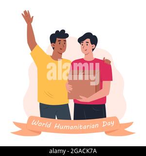 World humanitarian day, volunteers men holding cardboard box Stock Vector