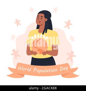 World Population Day, woman holding planet earth in her hands Stock Vector