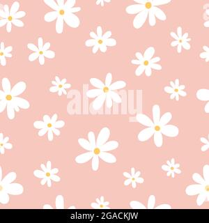 Seamless pattern of white chamomiles on a pink background in a flat style Stock Vector