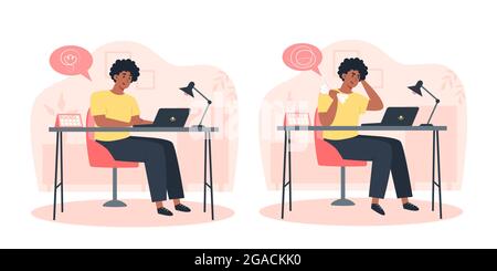 Productive employee and confused angry employee, productivity and problem solving throughout the day Stock Vector